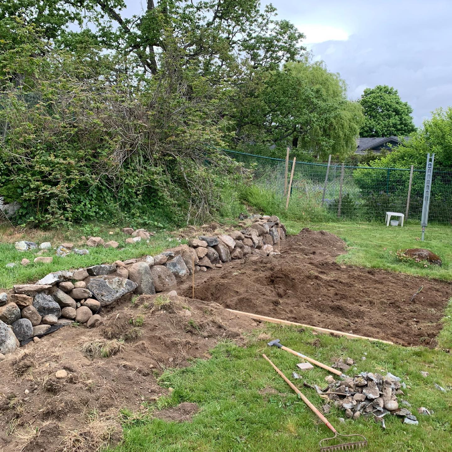Wall completed last week. Almost have all the area cleared of grass now. Next up is levelling and ordering the wood! #backyardgarden #raisedbeds #damndeer #covidproject