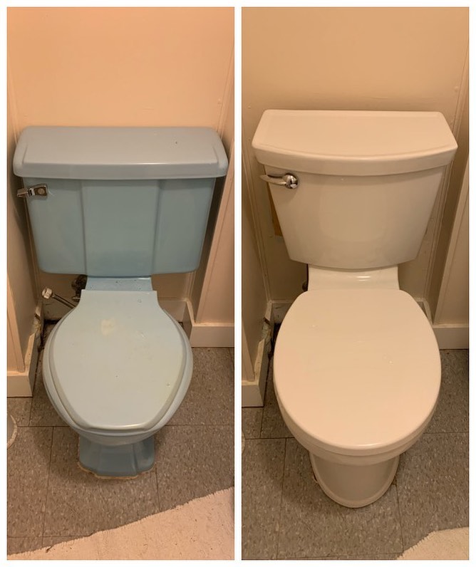 Old vs new. Today we get rid of the old blue toilet downstairs. It won’t be missed.