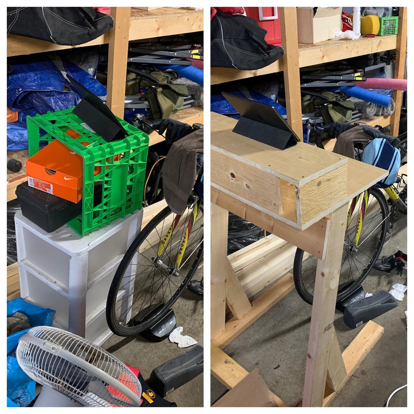 A little @gozwift pain cave upgrade today. Saw a video on @zwiftinsider and figured I had almost all the wood on hand. Bought screws and pilfered on 2x4 from another project to complete it. Later I might build a bottle holder, and maybe try a better iPad holder. #zwift #paincave #zwiftdesk #upgrade